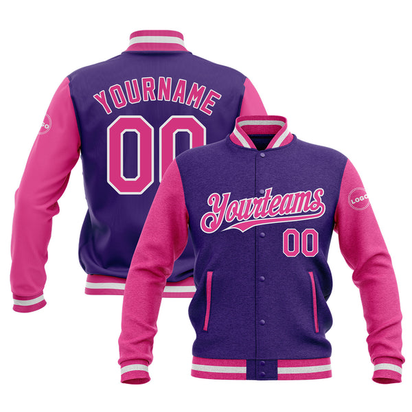 Custom Purple Pink-White Classic Style Two Tone Bomber Varsity Letterman Embroidered Jacket