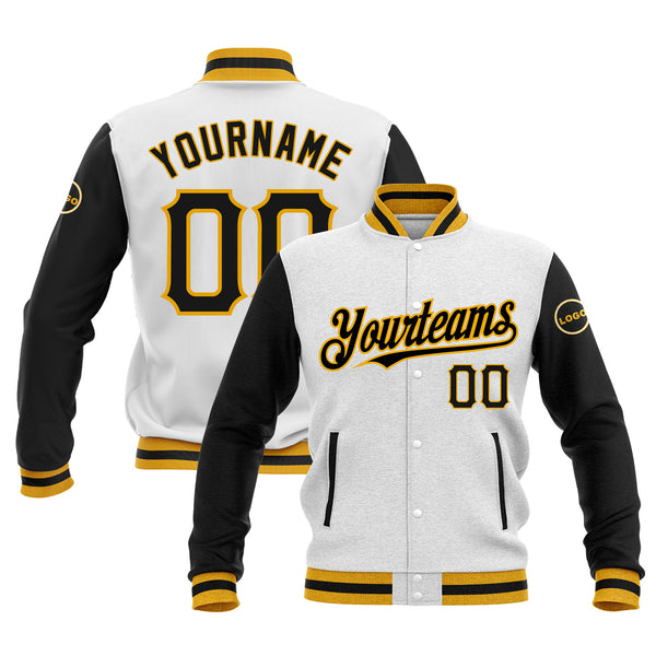 Custom White Black-Gold Classic Style Two Tone Bomber Varsity Letterman Embroidered Jacket