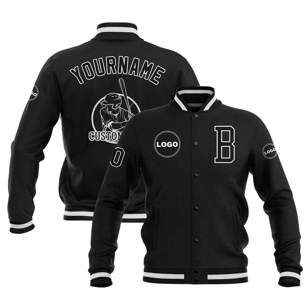 Custom Black Black-White Bomber Varsity Letterman Embroidered Jackets