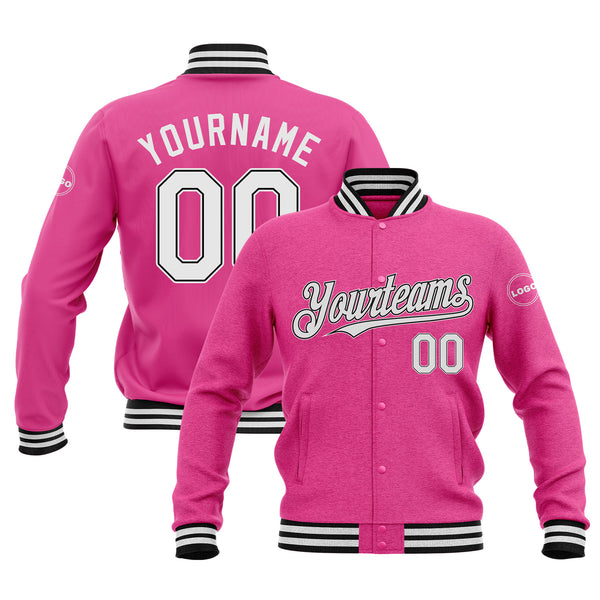 Custom Pink White-Black Classic Style Bomber Varsity Letterman Embroidered Jacket