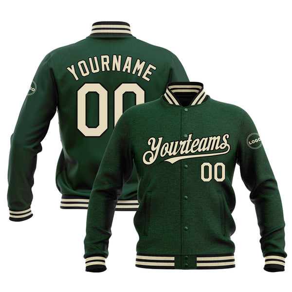 Custom Green Cream-Black Classic Style Full-Snap Bomber Varsity Letterman Embroidered Jacket