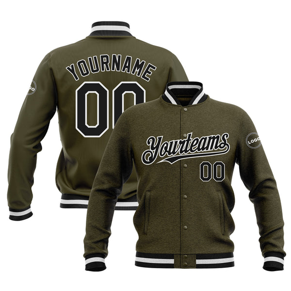 Custom Olive Black-Old Gold Classic Style Bomber Varsity Letterman Embroidered Jacket
