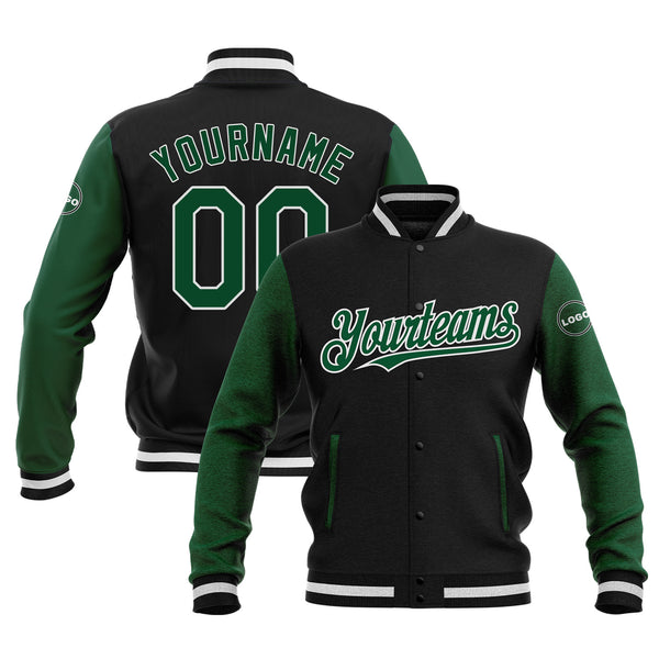 Custom Black Kelly Green-White Two Tone Full-Snap Bomber Varsity Letterman Embroidered Jacket