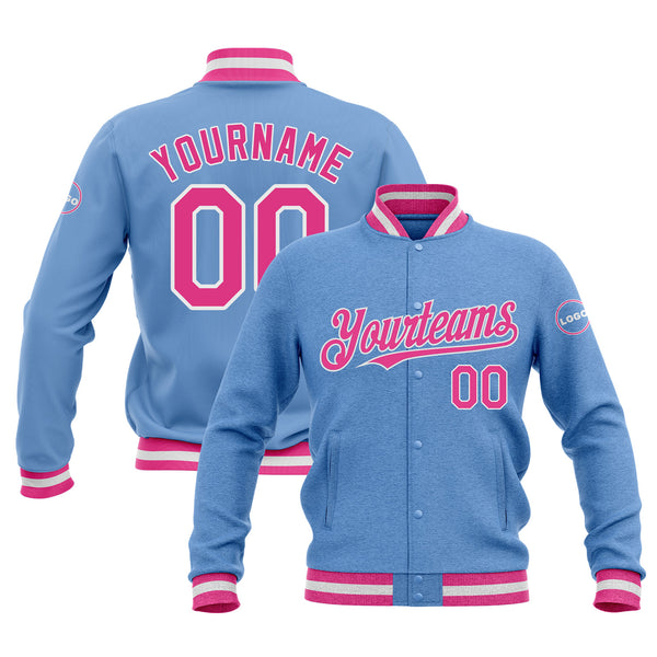 Custom Light Blue Pink-White Classic Style Bomber Varsity Letterman Embroidered Jacket