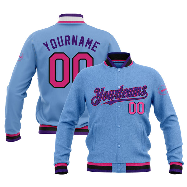 Custom Light Blue Pink Black-Purple Classic Style Bomber Varsity Letterman Embroidered Jacket