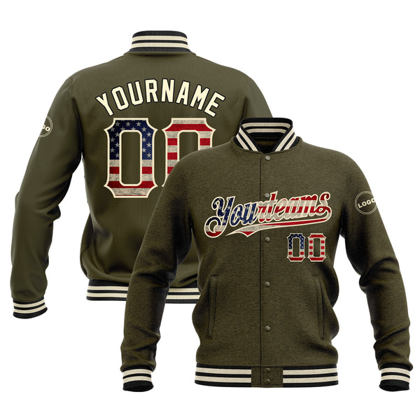 Custom Olive Vintage USA Flag Cream-Black Classic Style Bomber Varsity Letterman Embroidered Jacket