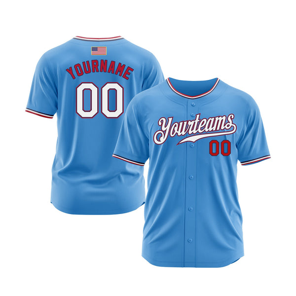 Custom Powder Blue White-Red Flag Fashion Classic Style Authentic Sports Baseball Jersey