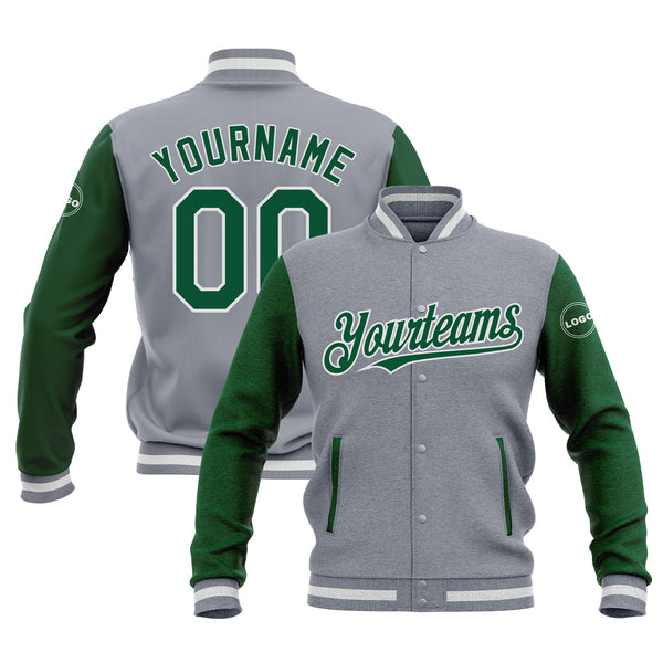Custom Gray Kelly Green-White Two Tone Bomber Varsity Letterman Embroidered Jacket