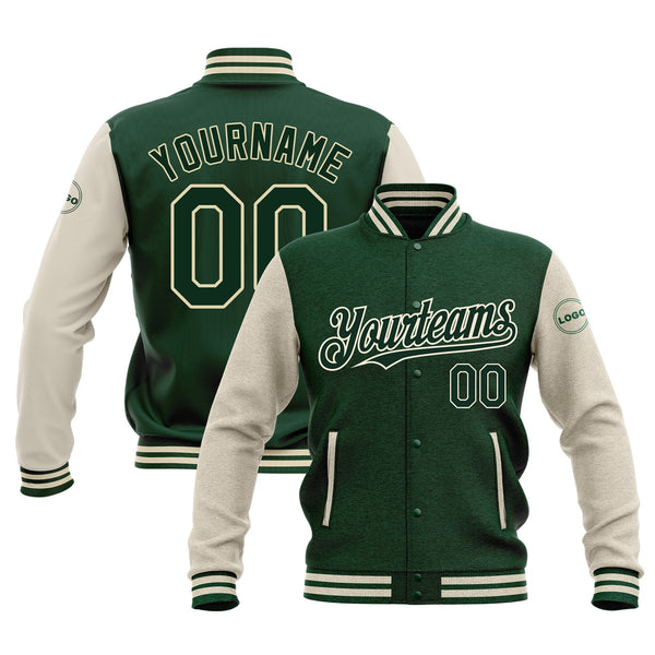 Custom Green Green-Cream Classic Style Two Tone Full-Snap Bomber Varsity Letterman Embroidered Jacket