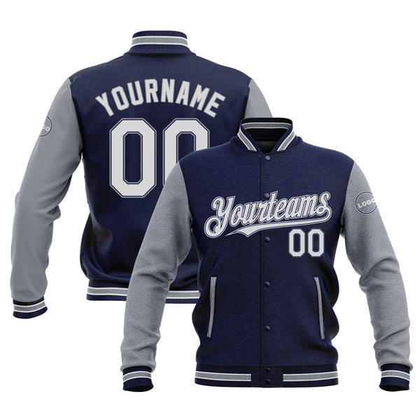 Custom Navy White Gray Classic Style Bomber Varsity Letterman Embroidered Two Tone Jacket