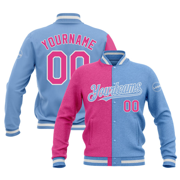 Custom Light Blue Pink-White Classic Style Split Fashion Bomber Varsity Letterman Embroidered Jacket
