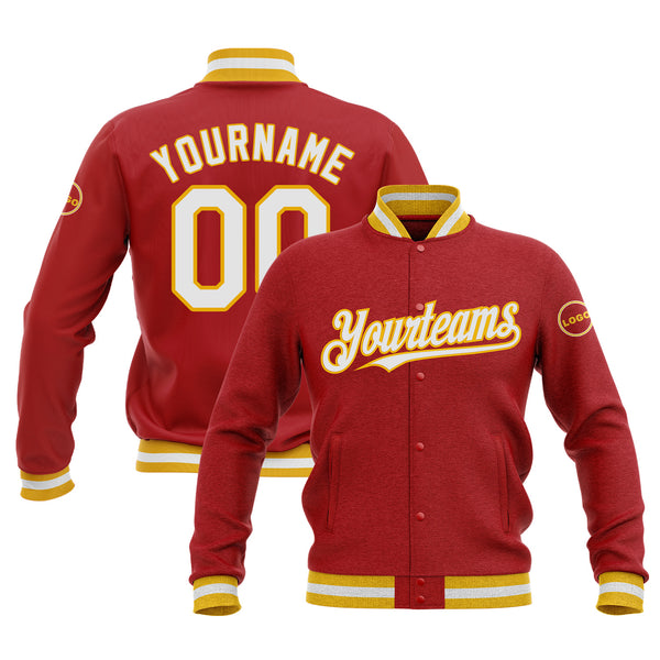 Custom Red White-Gold Bomber Varsity Letterman Embroidered Jacket