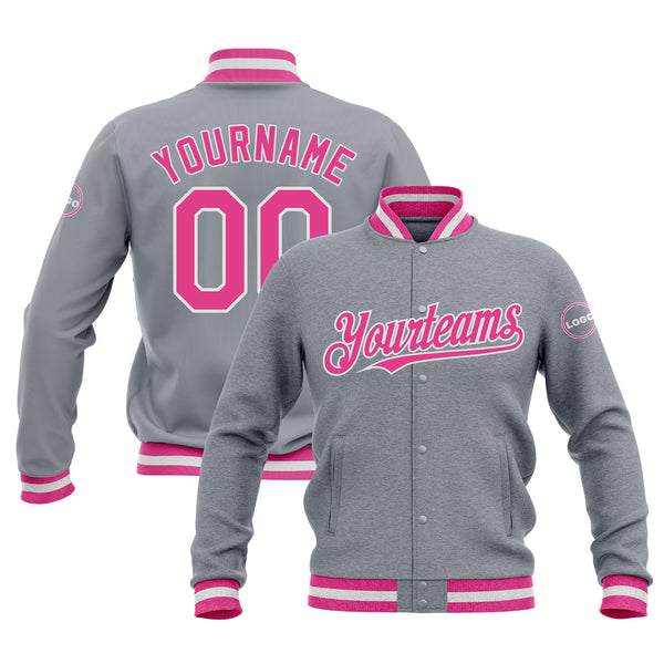 Custom Gray Pink-White Bomber Varsity Letterman Embroidered Jacket