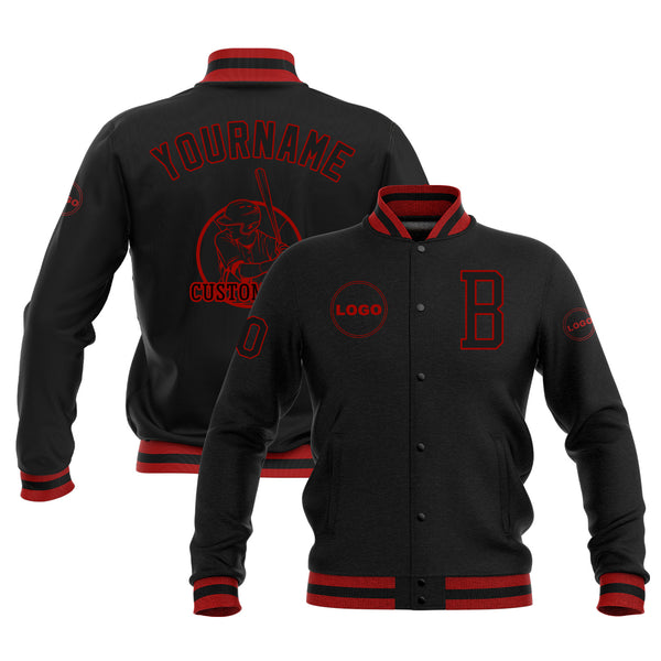 Custom Black Black-Red Bomber Varsity Letterman Embroidered Jacket