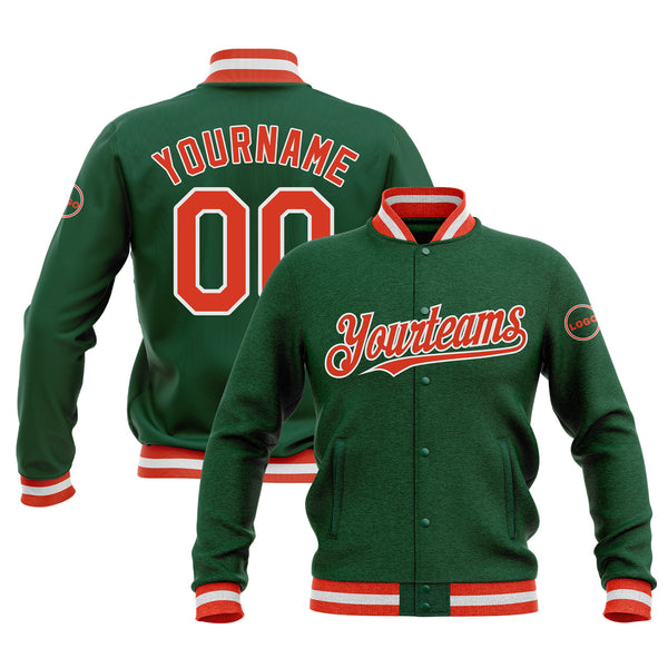 Custom Kelly Green Orange-White Bomber Varsity Letterman Embroidered Jacket