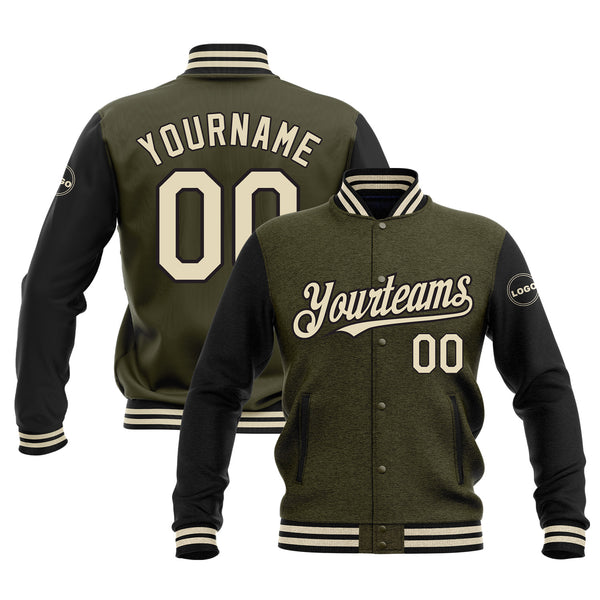 Custom Olive Cream-Black Classic Style Two Tone Bomber Varsity Letterman Embroidered Jacket
