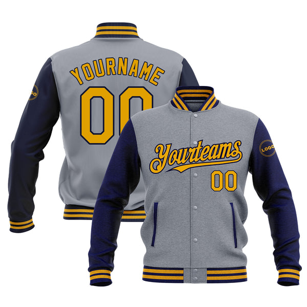 Custom Gray Gold-Navy Classic Style Two Tone Bomber Varsity Letterman Embroidered Jacket