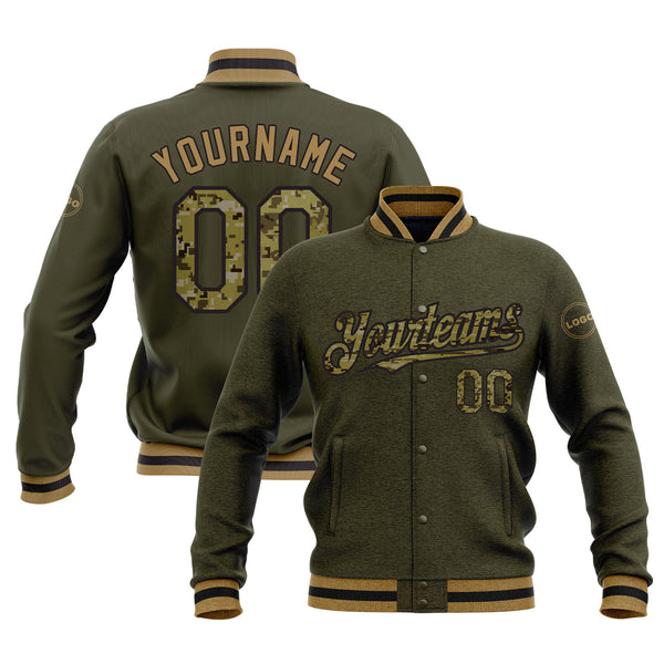 Custom Olive Camo Black-Old Gold Classic Style Bomber Varsity Letterman Embroidered Jacket