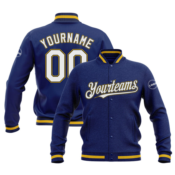 Custom Royal White Navy-Gold  Bomber Varsity Letterman Embroidered Jacket