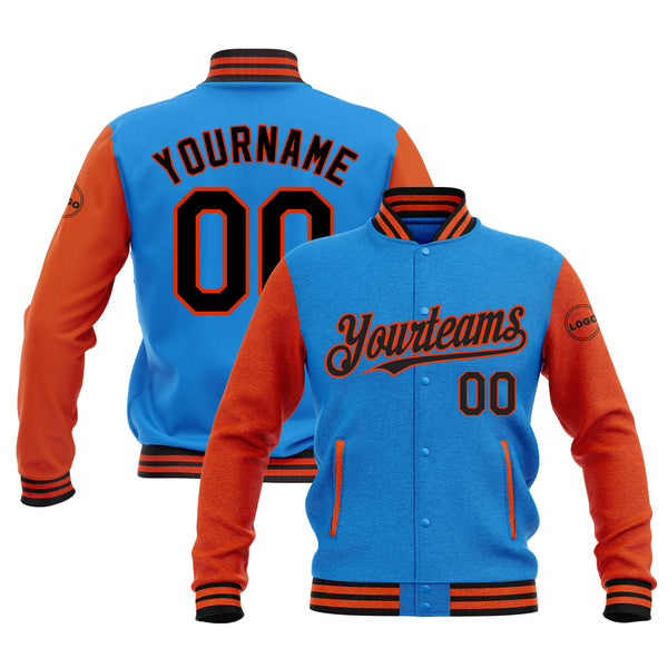 Custom Powder Blue Black-Orange Classic Style Two Tone Bomber Varsity Letterman Embroidered Jacket