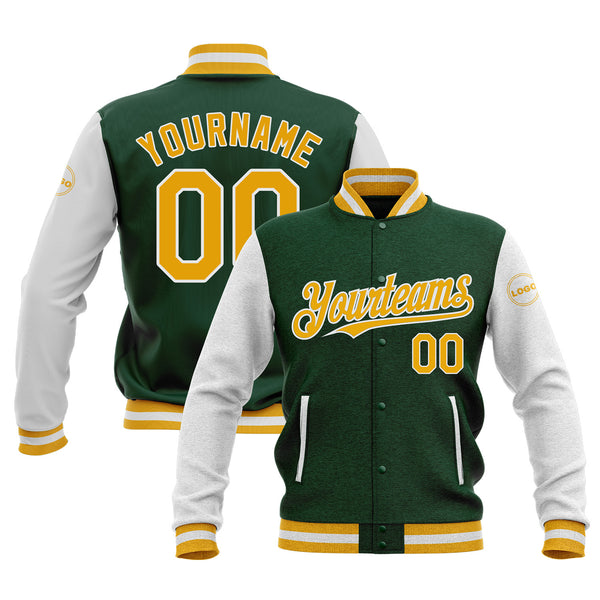 Custom Green Gold-White Classic Style Two Tone Full-Snap Bomber Varsity Letterman Embroidered Jacket