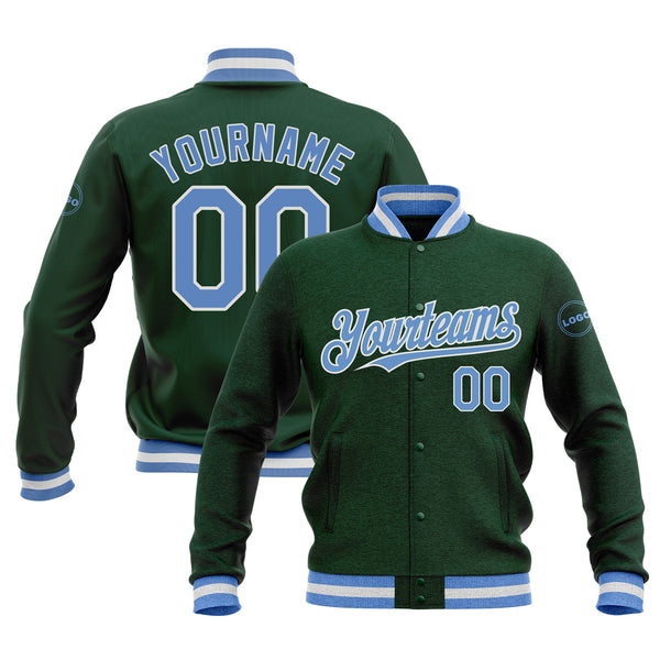 Custom Green Light Blue-White Classic Style Full-Snap Bomber Varsity Letterman Embroidered Jacket