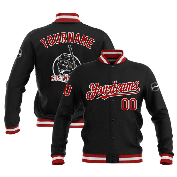 Custom Black Red-White Bomber Varsity Letterman Embroidered Jacket