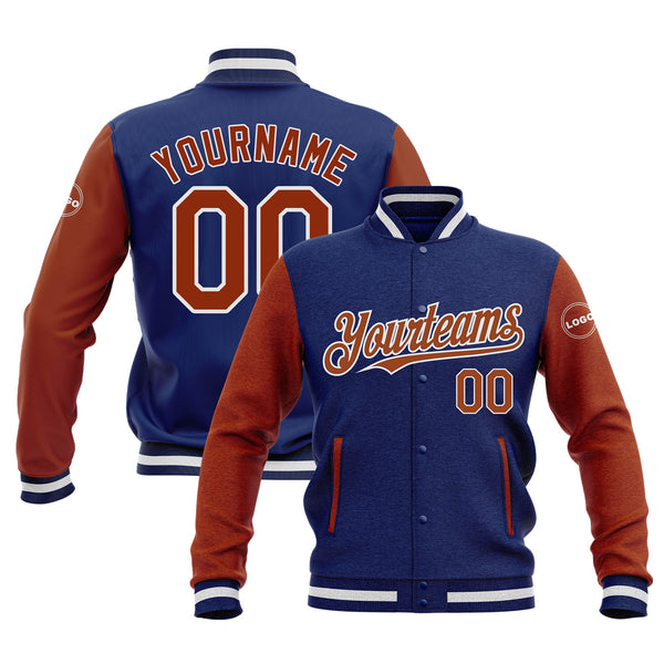 Custom Royal Texas Orange-White Classic Style Two Tone Bomber Varsity Letterman Embroidered Jacket