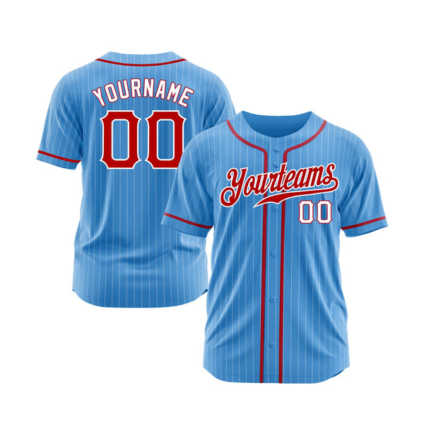 Custom Powder Blue White Pinstripe Red-White Classic Style Authentic Sports Baseball Jersey