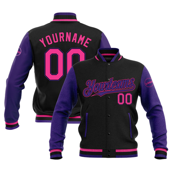 Custom Black Pink-Purple Classic Style Two Tone Full-Snap Bomber Varsity Letterman Embroidered Jacket