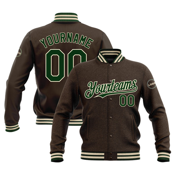 Custom Brown Green-Cream Classic Style Full-Snap Bomber Varsity Letterman Embroidered Jacket