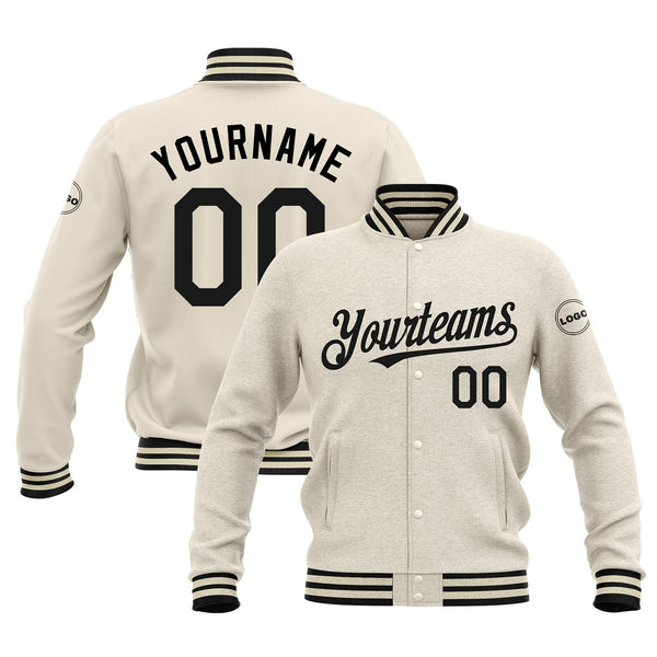 Custom Cream Black Classic Style Full-Snap Bomber Varsity Letterman Embroidered Jacket