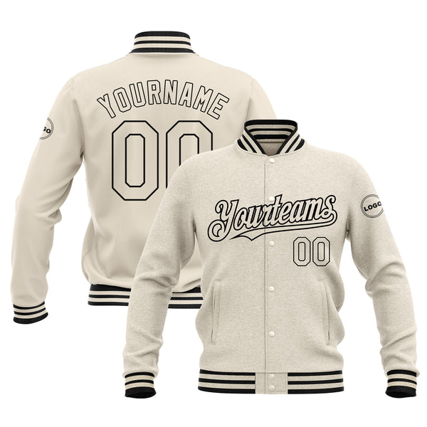 Custom Cream Cream-Black Classic Style Full-Snap Bomber Varsity Letterman Embroidered Jacket