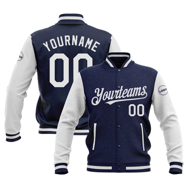 Custom Navy White Two Tone Classic Style Bomber Varsity Letterman Embroidered Jacket