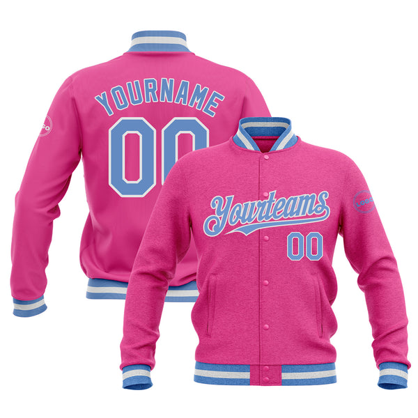Custom Pink Light Blue-White Classic Style Bomber Varsity Letterman Embroidered Jacket