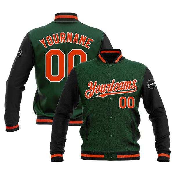 Custom Green Orange-Black Classic Style Two Tone Full-Snap Bomber Varsity Letterman Embroidered Jacket