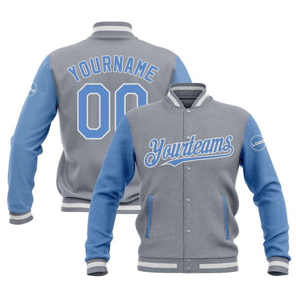 Custom Gray Light Blue-White Two Tone Bomber Varsity Letterman Embroidered Jacket