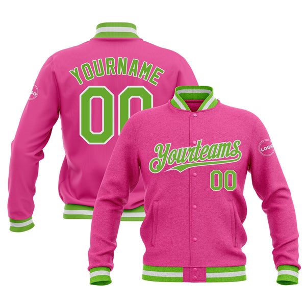 Custom Pink Neon Green-White Classic Style Bomber Varsity Letterman Embroidered Jacket
