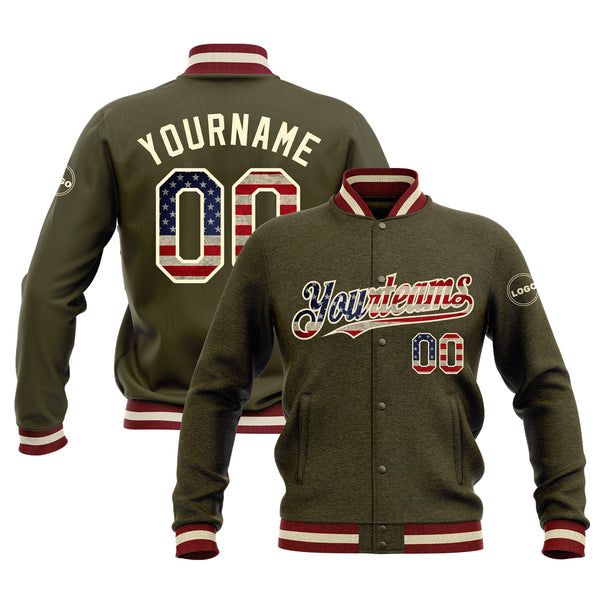 Custom Olive Vintage USA Flag Cream-Maroon Classic Style Bomber Varsity Letterman Embroidered Jacket