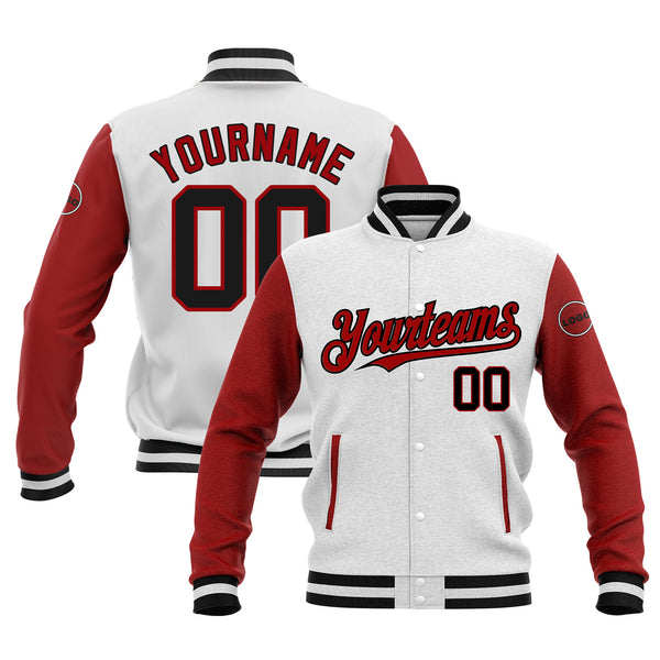 Custom White Black-Red Classic Style Two Tone Bomber Varsity Letterman Embroidered Jacket