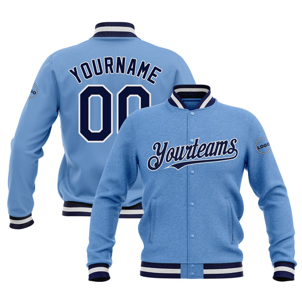 Custom Light Blue Navy-White Bomber Varsity Letterman Embroidered Jacket