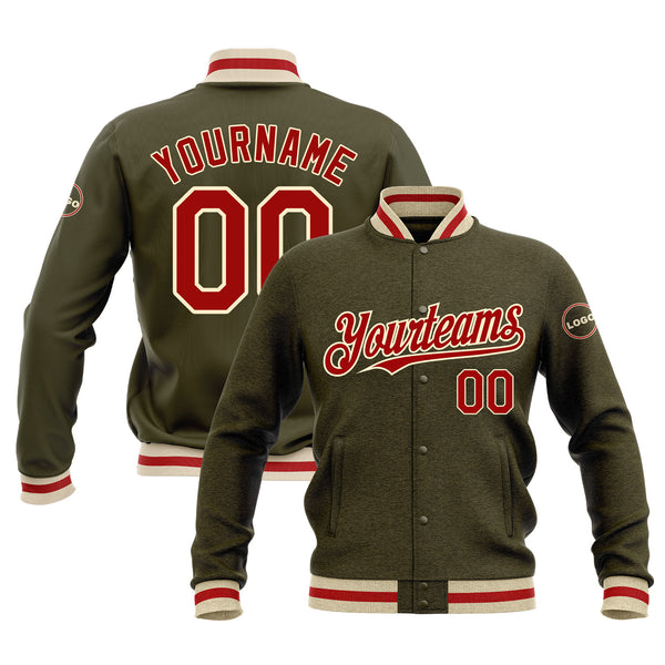 Custom Olive Red-Cream Classic Style Bomber Varsity Letterman Embroidered Jacket