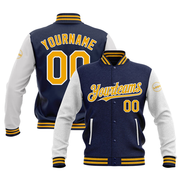 Custom Navy Gold-White Classic Style Two Tone Bomber Varsity Letterman Embroidered Jacket