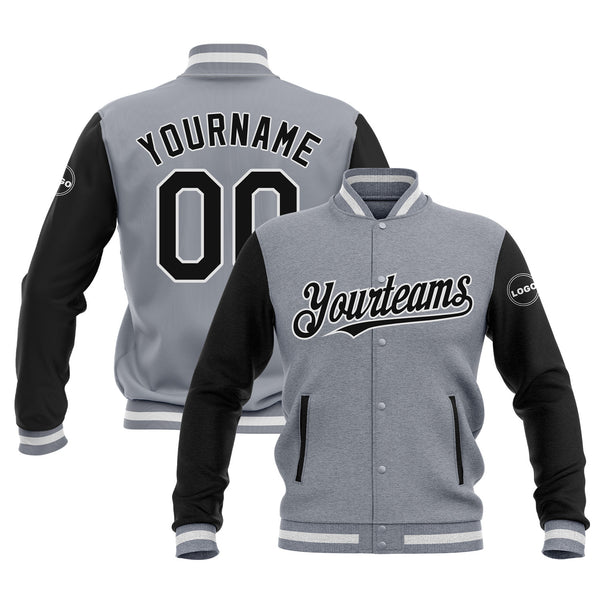 Custom Gray Black-White Two Tone Bomber Varsity Letterman Embroidered Jacket