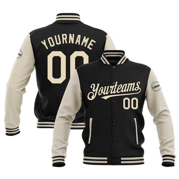 Custom Black Cream Classic Style Two Tone Full-Snap Bomber Varsity Letterman Embroidered Jacket