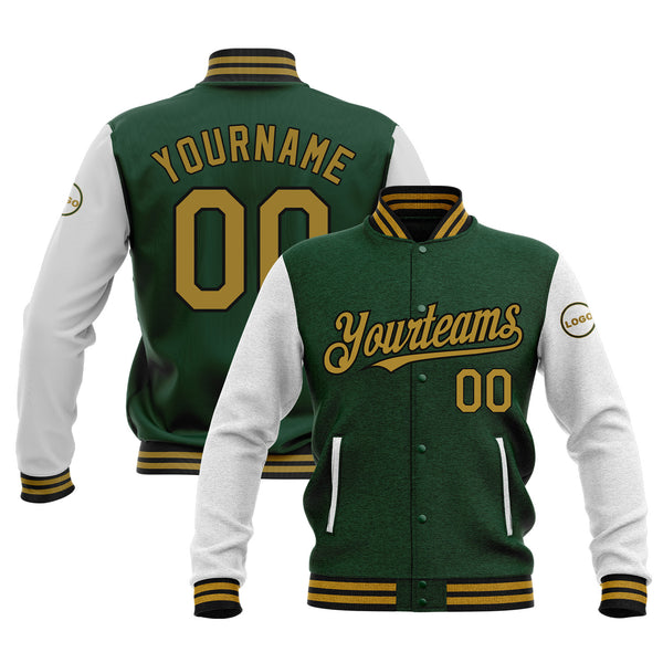 Custom Green Old Gold-Black Classic Style Two Tone Full-Snap Bomber Varsity Letterman Embroidered Jacket