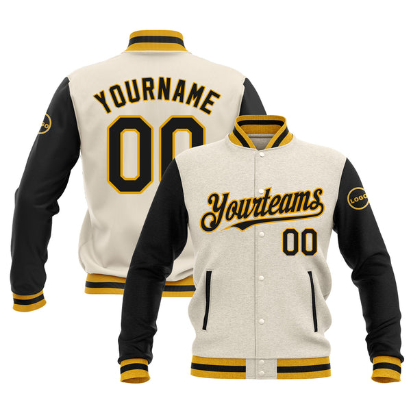 Custom Cream Black-Gold Classic Style Two Tone Full-Snap Bomber Varsity Letterman Embroidered Jacket