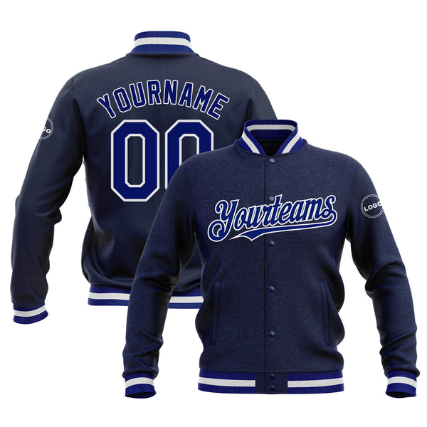 Custom Navy Royal-White Bomber Varsity Letterman Embroidered Jacket