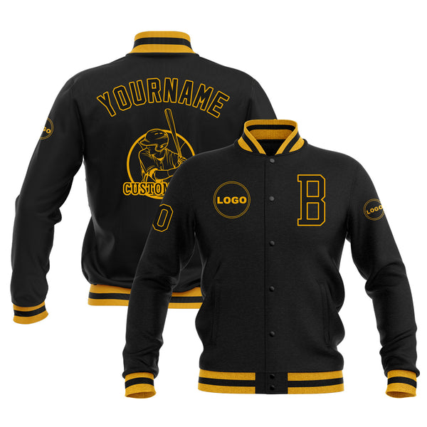 Custom Black Black-Gold Bomber Varsity Letterman Embroidered Jacket