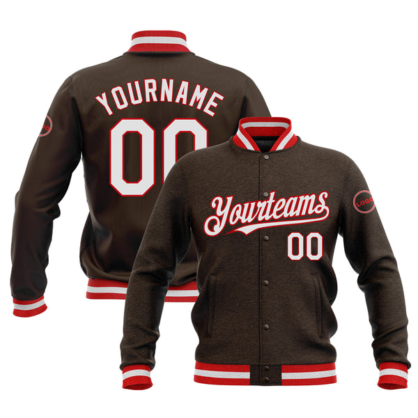 Custom Brown White-Red Classic Style Full-Snap Bomber Varsity Letterman Embroidered Jacket